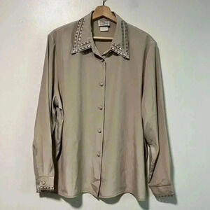 Elite International Beige Embroidered Button-Up Blouse